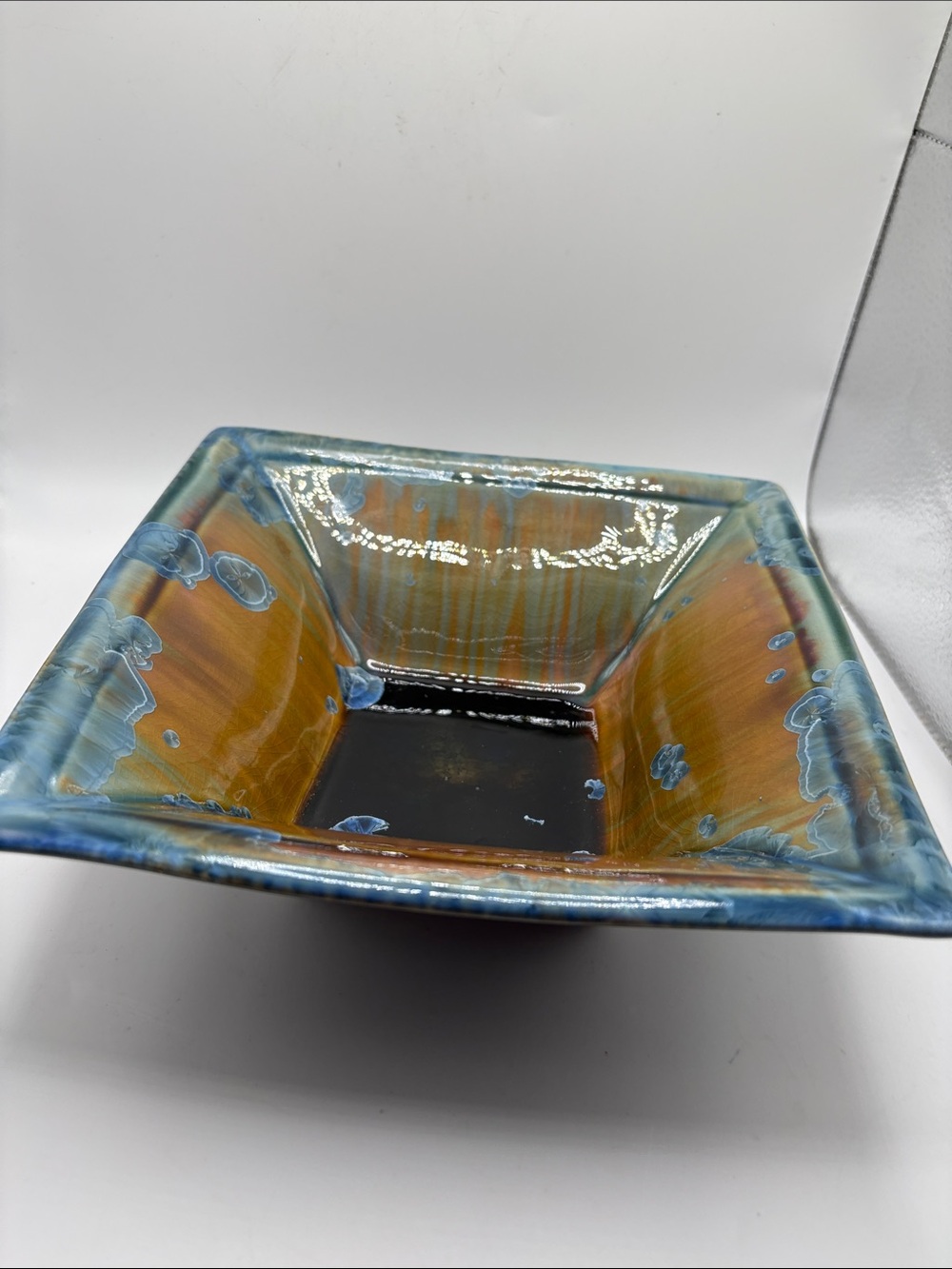 Bill Campbell Art Studio Pottery Blue And Brown Crystalline Glazed Square Bowl